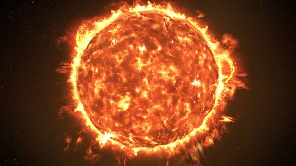 Słońce z dużymi eksplozjami słonecznymi, realistyczna czerwona planetaPowierzchnia Słońca z rozbłyskami słonecznymi, renderowanie 3d - Zdjęcie, obraz