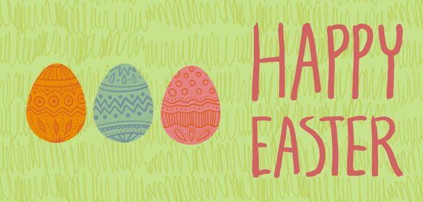 Happy Easter card. Three decorated eggs on green spring grass background, red, green, orange. Hand drawn lettering. Horizontal DL size. - Vector, afbeelding