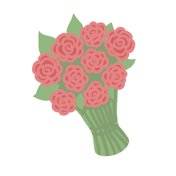 Vector illustration of bouquet of nine red or pink roses with green leaves, no wrapping, isolated on white background. Greeting card, wedding invitation design element. - Vektör, Görsel