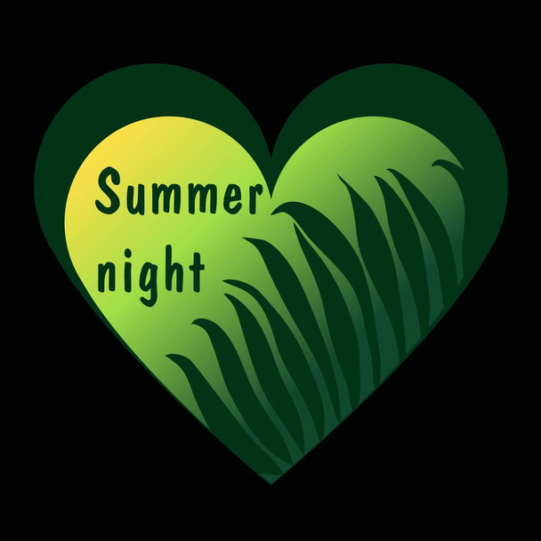 Bright green neon heart. A branch of a tropical plant. The inscription is summer night. Contrast printing. - Vector, Image