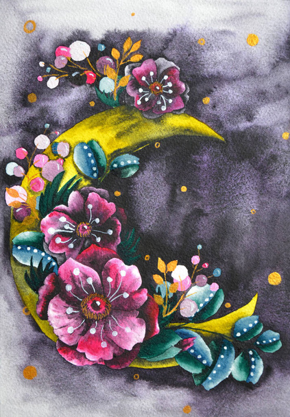 花構成で三日月。ピンクのアネモネとトレンディーなボヘミアンスタイルの水彩画、そして濃い青の背景に葉 - 写真・画像