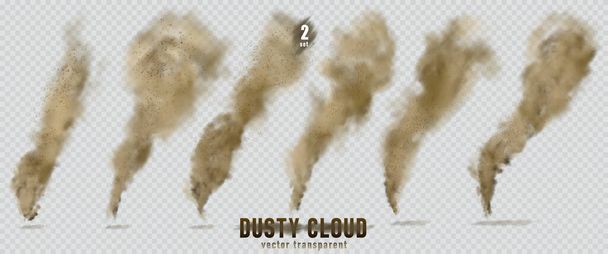Dusty cloud or brown dry sand flying with a gust of wind, sandstorm, explosion realistic texture with small particles or grains of sand illustration 2 set isolated on transparent background. Vector - Vector, Image