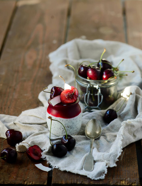 chia pudding with cherry.style vintage.selective focus - Foto, Imagem