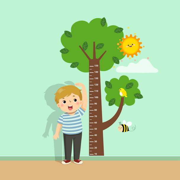 Illustrazione vettoriale carino ragazzo dei cartoni animati misurare la sua altezza con albero grafico altezza sulla parete. - Vettoriali, immagini