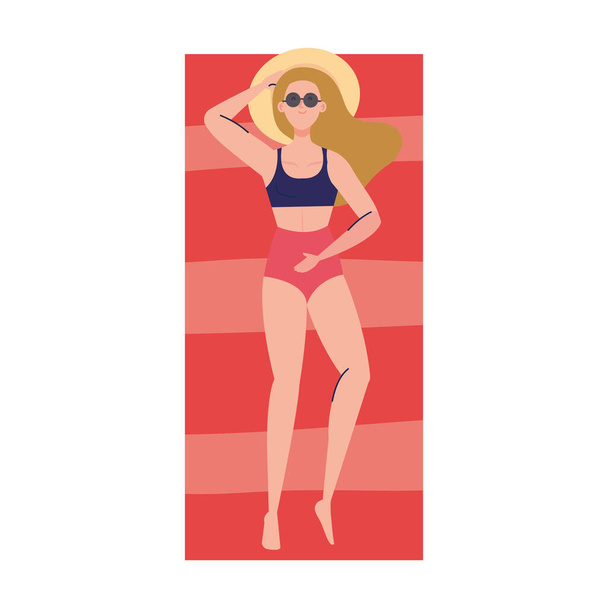 Hava durumu, mayo kullanan bir kadın havluyla bronzlaşıyor, yaz tatili sezonu. - Vektör, Görsel