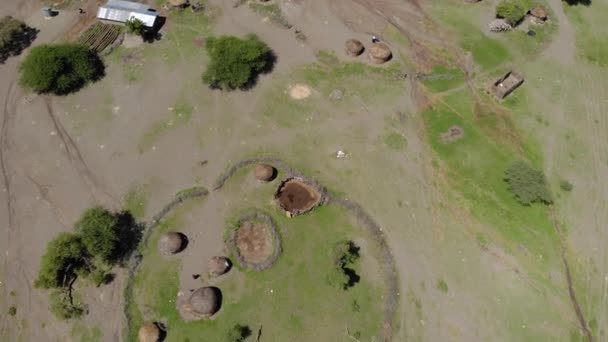 Luftaufnahme des Maasai-Dorfes am Ufer des Natron-Sees vor dem Ol Doinyo Lengai, Berg Gottes in der Sprache der Maasai, Dorf Engare Sero in der Arusha-Region im Norden - Filmmaterial, Video