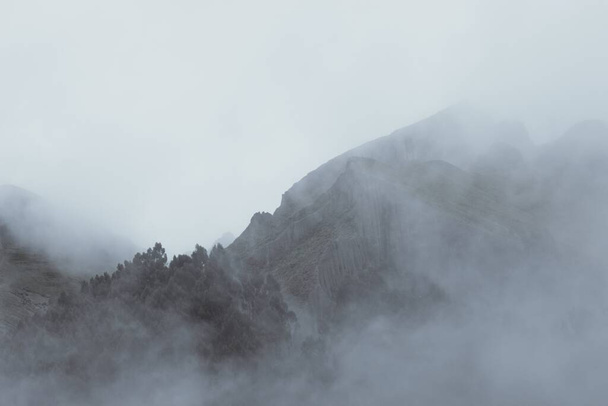 A beautiful shot of a foggy mountain with a cloudy background - Zdjęcie, obraz