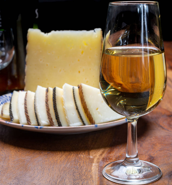 Espanjan fino kuiva sherry viiniä Andalusiasta ja paloja eri lampaan kova manchego juustoja valmistettu La Mancha, Espanja. Viini ja juustoparit - Valokuva, kuva