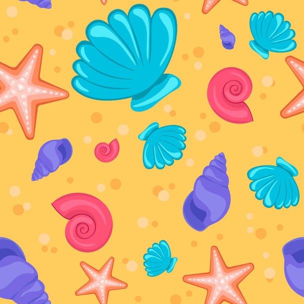 Summer pattern with seashells on the sand. Colorful seamless summer pattern. Vector illustration. - Vektor, kép