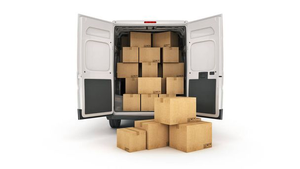 commercial delivery vans with cardboard boxes. 3d rendering - Foto, Imagen