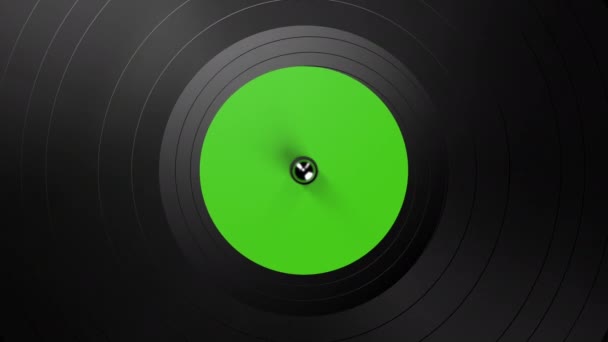 Μαύρος δίσκος βινυλίου σε πικάπ. Μαύρο βινύλιο φόντο με πράσινο αυτοκόλλητο στο κέντρο, περιστρεφόμενο σε κύκλο. Looped 3d κινούμενα σχέδια - Πλάνα, βίντεο