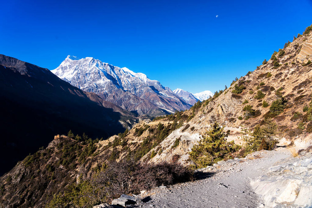 Nepal 'de popüler bir turizm beldesi olan Annapurna Circuit Trail' in panoramik manzarası. Thorong La ya da Thorung La geçidine ana kampa giden yol.. - Fotoğraf, Görsel