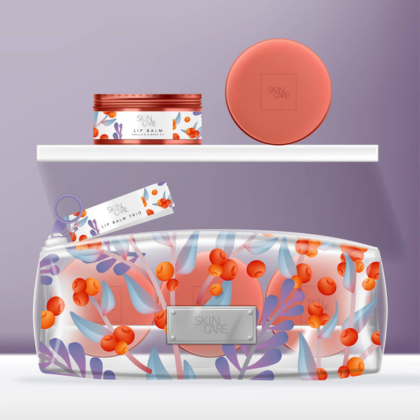Vector Transparent PVC Cosmetics, Beauty or Wash Bag Set with Tinted Screw Cap Tin Jar Packaging. Orange & Purple Floral Pattern Printed. - Vector, Image