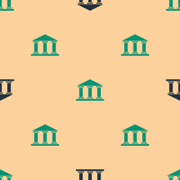Icône de bâtiment du Musée vert et noir isolé motif sans couture sur fond beige. Illustration vectorielle. - Vecteur, image