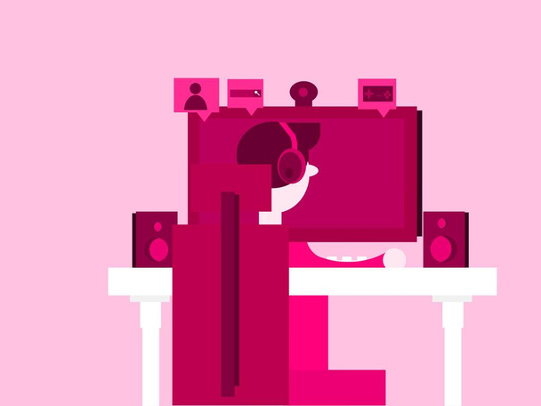 Young man plays video games on his console or pc, with headphones - Vector, Image