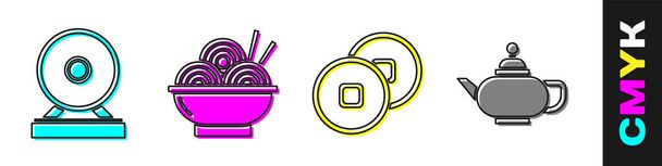 Set Gong, Asian noodles in bowl, Chinese Yuan currency and Chinese tea ceremony icon. Vector. - Vector, Image