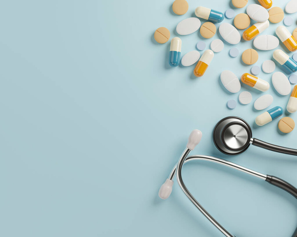 Container, scattered pills and stethoscope stock photo - Foto, afbeelding