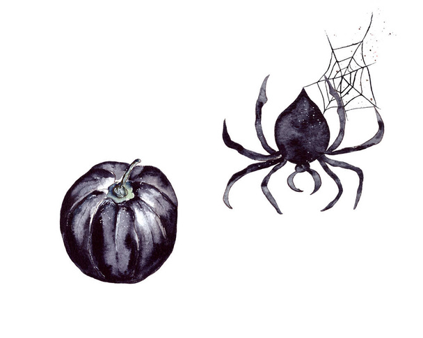 Illustration aquarelle Joyeux Halloween, araignée noire sur toile noire, bannière ou fond pour Halloween isolé sur blanc - Photo, image
