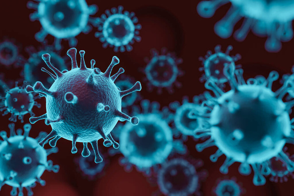 Konak organizmada enfeksiyona neden olan patojenik virüsler, viral salgın, 3 boyutlu illüstrasyon - Fotoğraf, Görsel