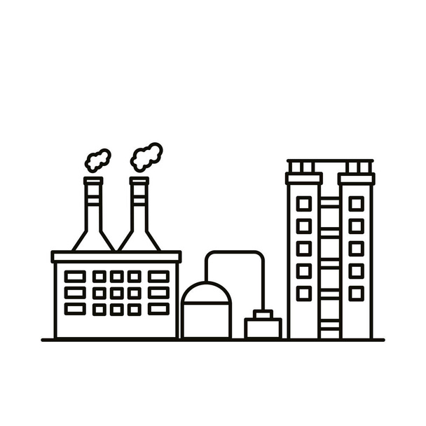 ipari gyári épületek és kémények vonal stílusú ikonok - Vektor, kép