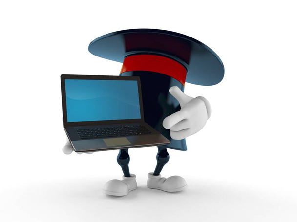 Волшебная шляпа персонажа, держащего ноутбук изолированным на белом фоне. 3d иллюстрация - Фото, изображение