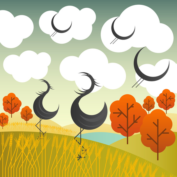 Vector autumn landscape with cranes birds and trees - Вектор,изображение