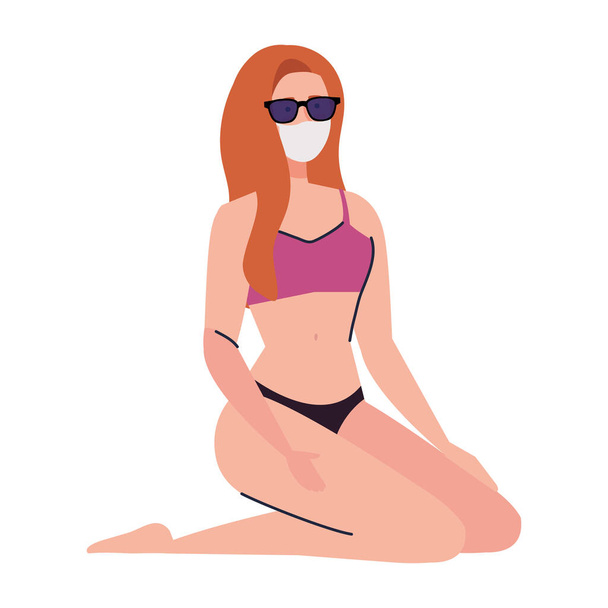 woman with swimsuit wearing medical mask, tourism with coronavirus, prevention covid 19 in summer season - Vector, imagen