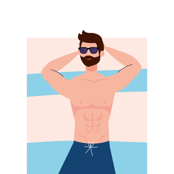 vista aérea, homem de shorts deitado, bronzeamento em toalha, temporada de férias de verão
 - Vetor, Imagem