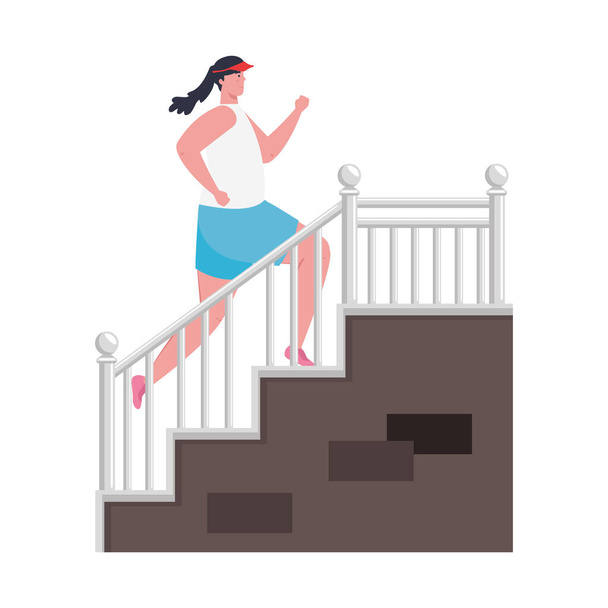 mulher correndo, subir escadas, atleta feminino no fundo branco
 - Vetor, Imagem