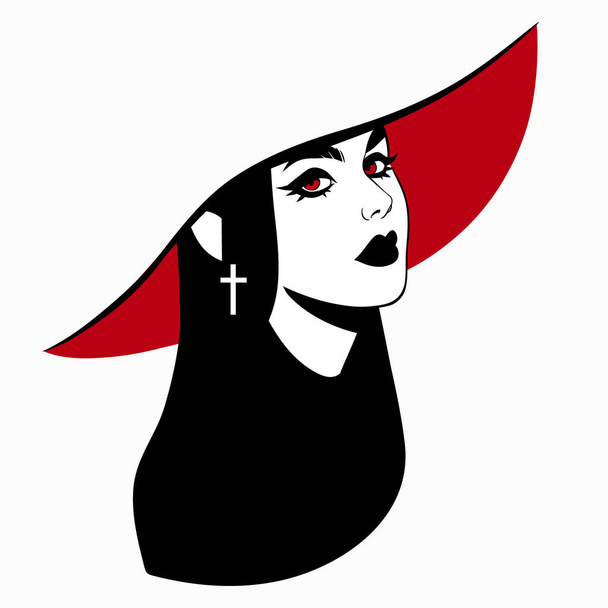 beautiful elegant vampire girl in hat - Vector, Image