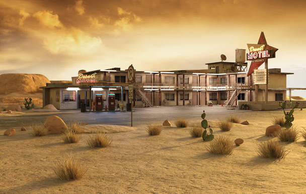 Route 66 Desert Motel avec des mauvaises herbes et des pompes à essence - Photo, image