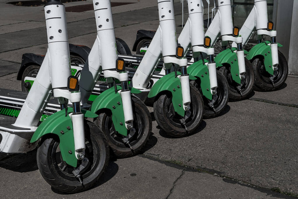Rental Electric Scooters, e-scooter, Parked In Group On The Pavement - Photo, Image