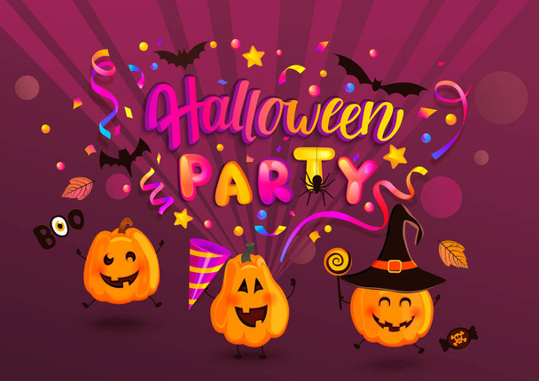Halloween party greeting banner for kids for Happy holiday with monster pumpkins, bat, spiders and confetti. Template for web,poster,flyers, ad,promotions, blogs.Vector illustration. - Vektor, Bild