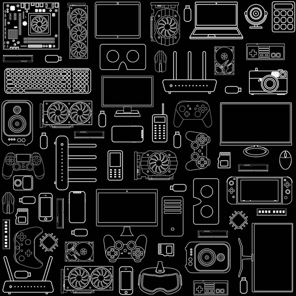 Gadgets en apparaten patroonverzameling Set van computer hardware componenten en elektronica accessoires - Foto, afbeelding