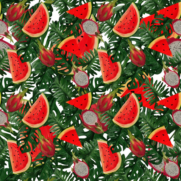 Modern seamless pattern with dragon fruit, watermelon, tropical leaves on white background Summer vibes. Hand painted botanical illustration for textiles, packaging, fabrics. - Photo, Image