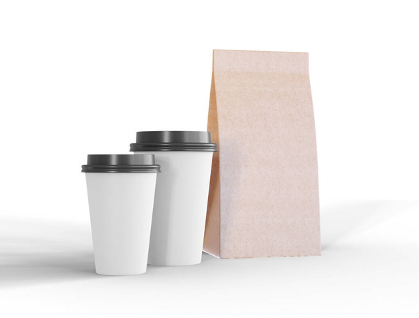 3D Illustration. Take away coffee cup and paper bag mockup on isolated background. Realistic packaging. Take away concept. - Foto, imagen