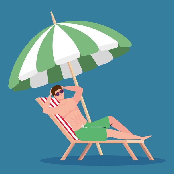 man in shorts in chair beach, happy guy in swimsuit in chair beach, umbrella protection, summer vacation season - Vector, Image