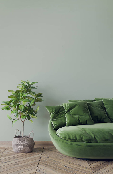 Sofá simple verde en estilo interior moderno, cesta de ratán en la pared verde vacía - Foto, imagen