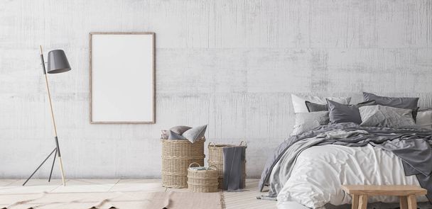 Plakát keret mockup skandináv stílusú hálószoba, home interior design - Fotó, kép