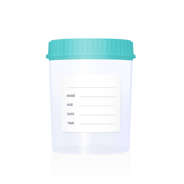 Specimen cup, empty with blank sticker to be labeled, medical laboratory item for examinations, checkups, clinical analysis and diagnosis. Isolated vector illustration on white background. - Vector, Image