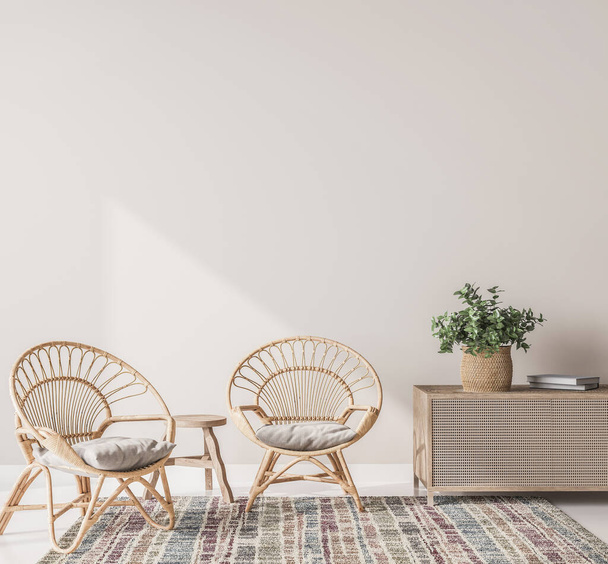 Внутренний дом с простым белым фоном макет. деревянные кресла из ротанга с консолью и зеленым растением. Концепция дизайна гостиной. 3D рендеринг. - Фото, изображение