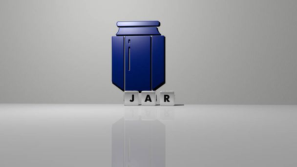 3D graphical image of jar vertically along with text built by metallic cubic letters from the top perspective, excellent for the concept presentation and slideshows. background and glass - Photo, Image