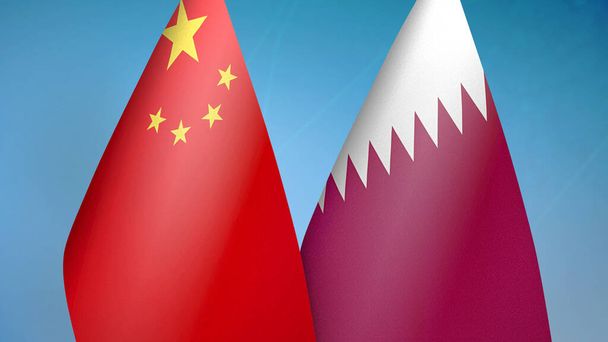 China and Qatar two flags together blue background - Photo, Image