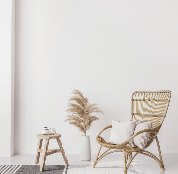 Wand-Attrappe im heimischen Innenhintergrund, beiger Raum mit natürlichen Holzmöbeln, Bohemian-Stil, 3D-Render - Foto, Bild