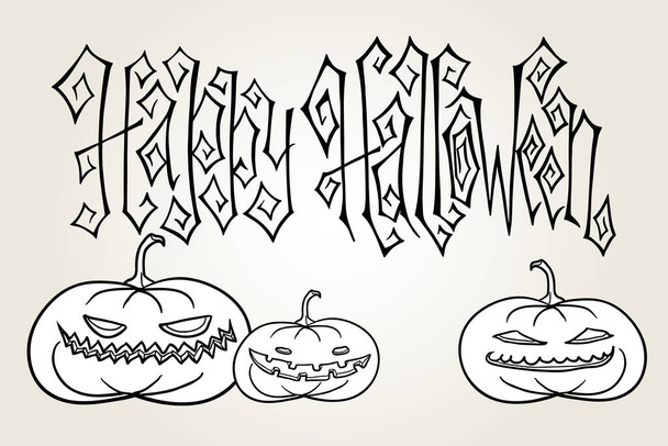 Traditional hand drawn Halloween greeting card with creepy pumpkin lanterns. Hand lettering with Happy Halloween words in black and white. - Vektor, obrázek