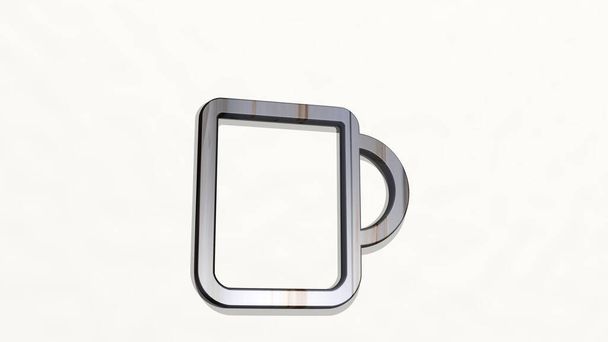 COFFEE MUG z perspektivy na stěně. Silná plastika z kovových materiálů 3D vykreslování. pozadí a pohár - Fotografie, Obrázek