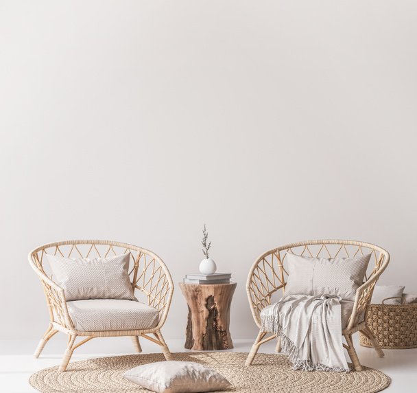 Mock up muur in huis interieur achtergrond, heldere beige kamer met natuurlijke houten meubels, 3d render - Foto, afbeelding
