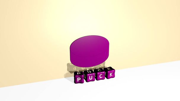3D представлення PUCK з піктограмою на стіні та текстом, розташованою металевими кубічними літерами на дзеркальній підлозі для концептуального значення та презентації слайдів. хокей та ілюстрація
 - Фото, зображення