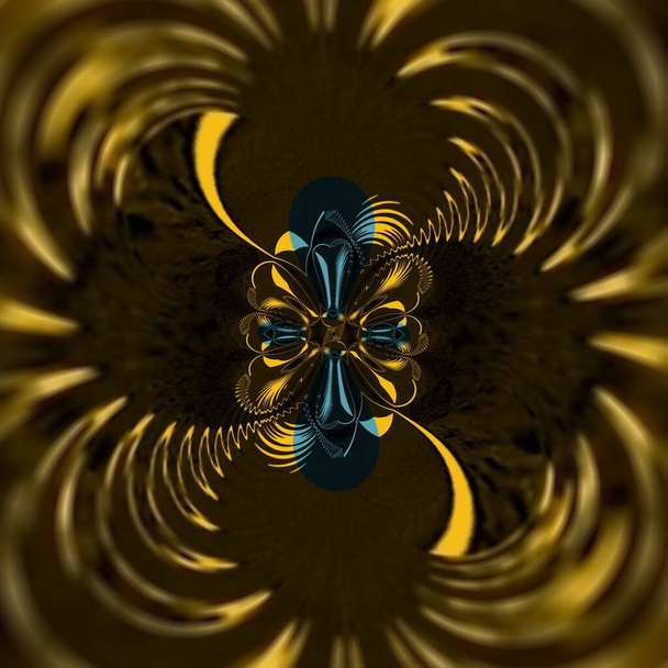 triângulos azuis e amarelos brilhantes sobre fundo preto transformados em padrões e formas por reflexão
 - Foto, Imagem