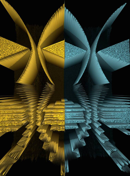 triangoli blu e giallo brillante su sfondo nero trasformato in modelli e forme di riflessione - Foto, immagini